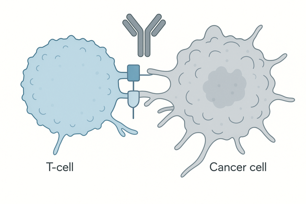 PD-1/PD-L1 yolunu bloke eden bağışıklık kontrol noktası inhibitörlerinin, T hücresinin kanser hücresine saldırmasını sağlayan mekanizmasını gösteren bilimsel dijital illüstrasyon.