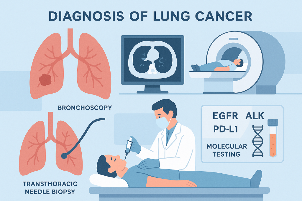 BT, PET-CT, biyopsi, bronkoskopi ve moleküler testleri içeren akciğer kanseri tanı sürecini gösteren tıbbi çizim